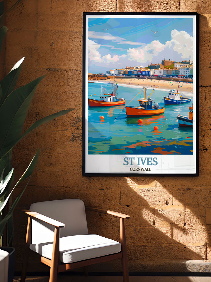 Bring the beauty of St Ives into your home with this detailed poster, highlighting the historical significance and coastal charm of the harbour in Cornwall.