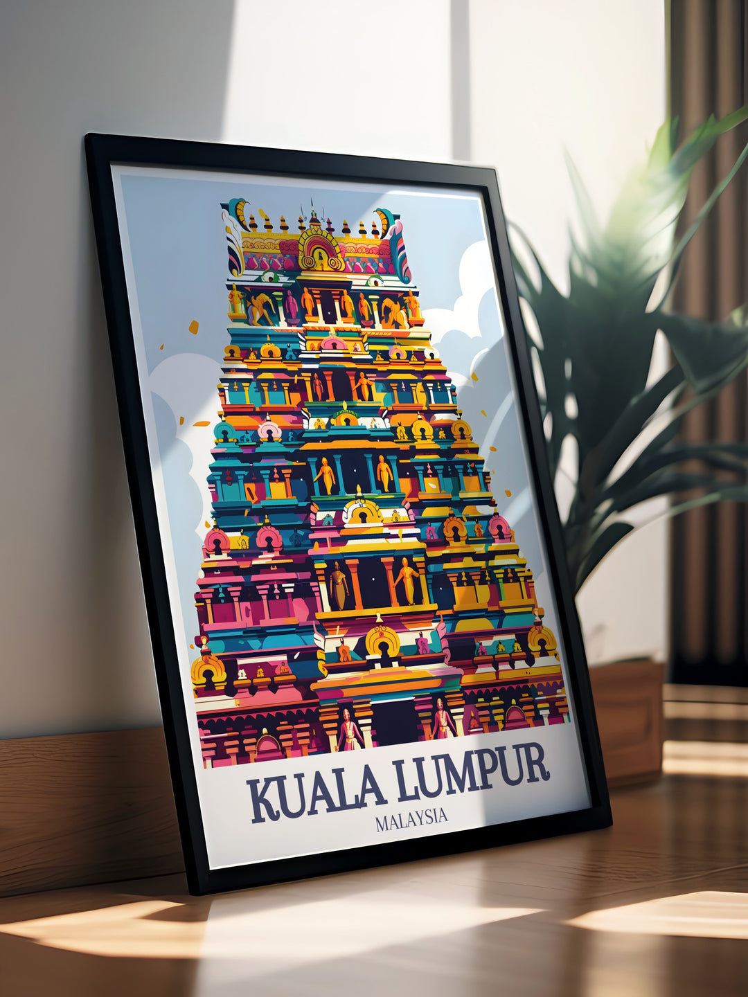 Sri Maha Mariamman Temple and Jalan Bandar wall art from Kuala Lumpur, featuring one of the citys most iconic temples. This travel print is an excellent way to celebrate the diverse cultures of Malaysia and add a touch of global heritage to your space.