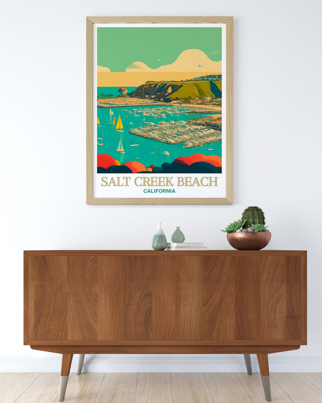 This print of Salt Creek Beach and Dana Point Harbor showcases the beauty of Californias coastline. The artworks intricate details and vibrant colors bring a sense of peace and relaxation to any space, making it an ideal addition to your coastal decor.