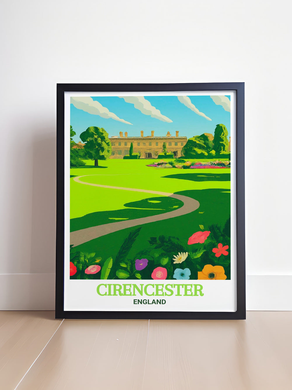 Enhance your home decor with this travel poster of Cirencester Park, a perfect blend of history and natural beauty, making it a must have for fans of English countryside and heritage.