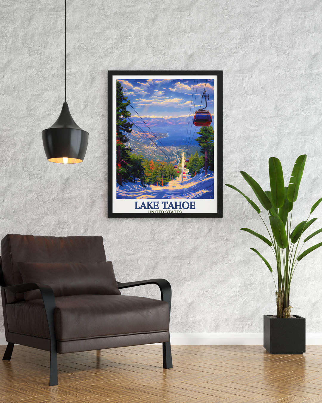 Heavenly Mountain Resort Framed Art highlights the stunning snow capped peaks of this world famous resort alongside the serene waters of Lake Tahoe. This travel print is perfect for those who enjoy winter sports and mountain adventures, offering a timeless piece of wall art.