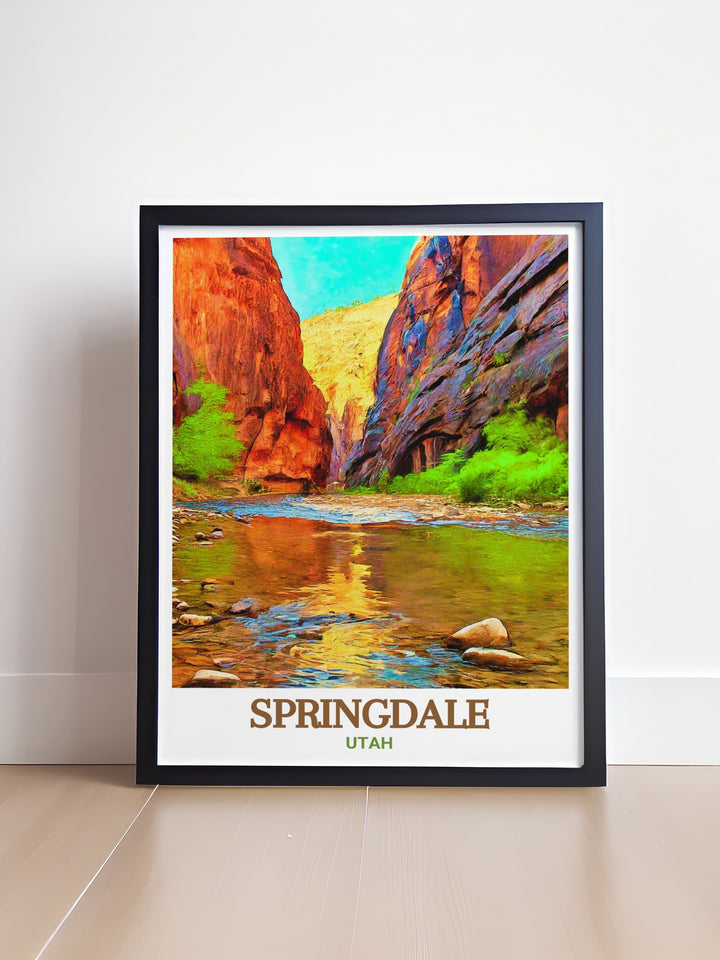 Bring the beauty of The Narrows and Springdale into your home with this stunning Utah print. The artwork captures the essence of Zion National Parks dramatic landscapes and the charm of Springdale, creating a piece that is both visually striking and meaningful. Ideal for those who love the outdoors and the American Southwest.