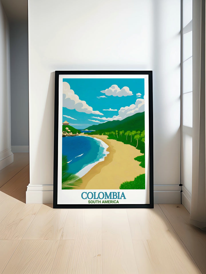 Celebrate your love for Colombian travel with this beautiful wall art showcasing Cartagenas colorful cityscape and the serene landscapes of Tayrona National Park. This print is perfect for anyone who enjoys the rich diversity of Colombias natural and cultural attractions.