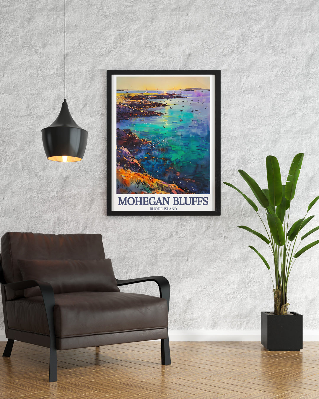 Bring the coastal charm of Block Island into your home with this Mohegan Bluffs travel print. Featuring the towering cliffs and serene beach in a vibrant, vintage style, this Rhode Island poster offers a perfect blend of art and nature for beach lovers and travel enthusiasts.