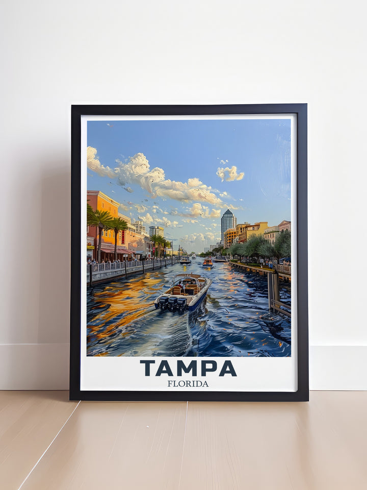 This Tampa Poster highlights the Riverwalk, one of the citys most beloved landmarks. The vibrant art print captures both Tampas modern energy and natural beauty, making it an ideal travel poster for your home or as a personalized gift for Florida lovers.