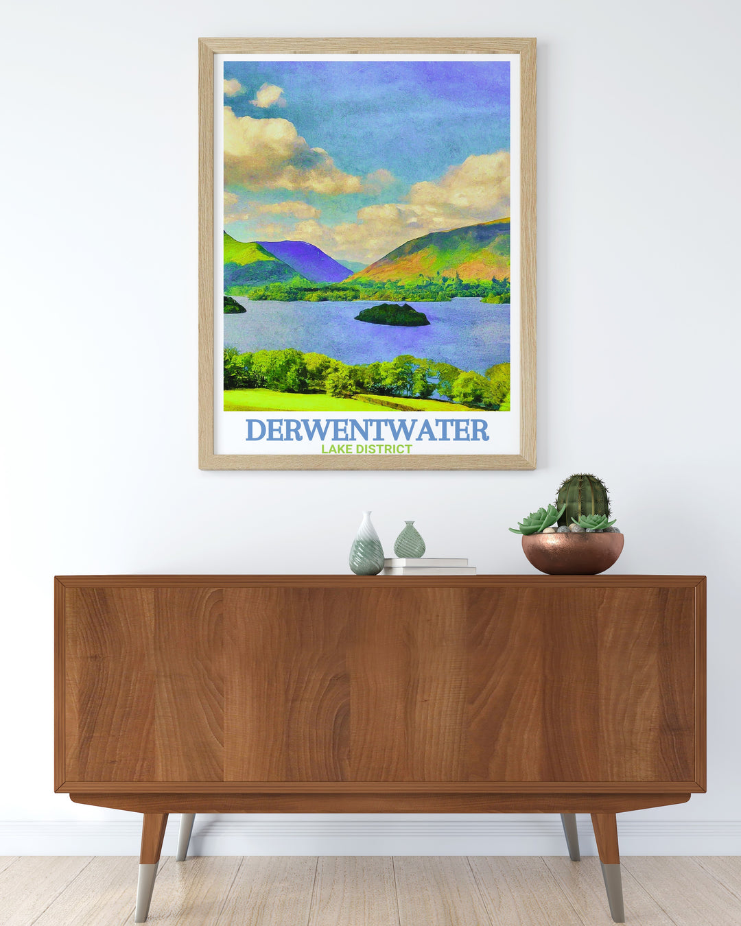 Celebrate the timeless scenery of Derwentwater with this Lake District Travel Print, ideal for those who love the natural beauty of the Lake District. Add a touch of nature to your home.