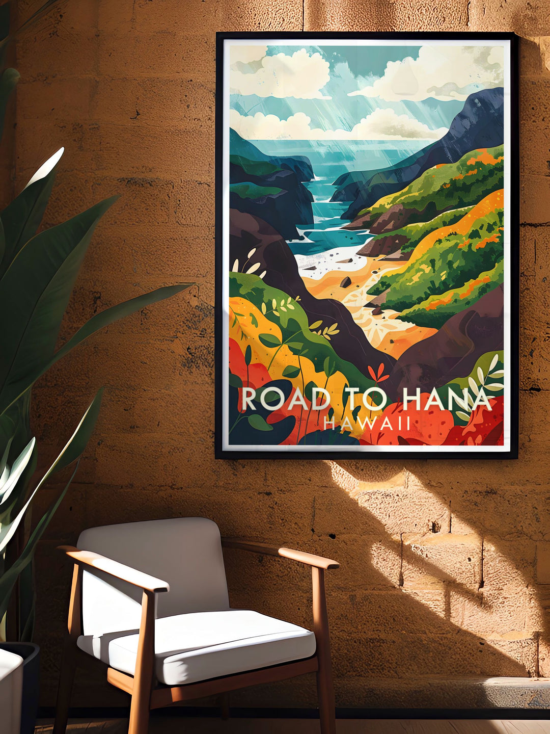 Road to Hana poster featuring the lush scenery and breathtaking views of this famous drive. Wainapanapa State Park stunning living room decor adds a touch of elegance and natural beauty, perfect for creating a relaxing environment.