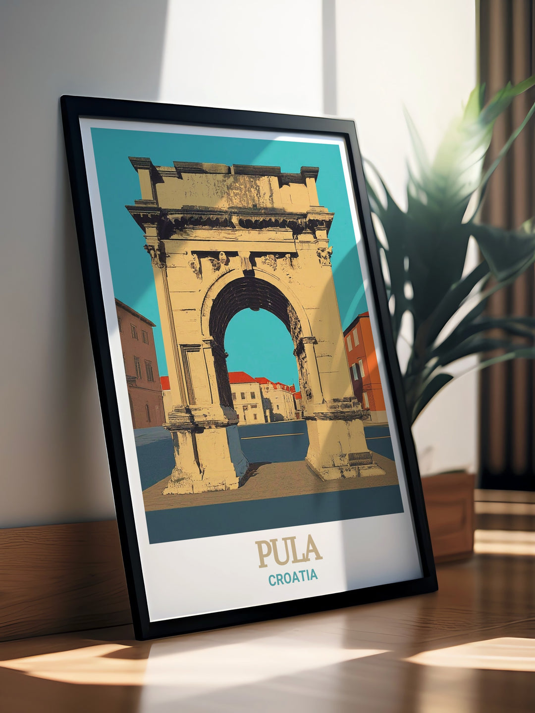 This travel poster brings to life the grandeur of the Arch of the Sergii in Pula, Croatia. The detailed illustration showcases the architectural beauty of this Roman monument, making it a standout piece for any history enthusiast or art lover.