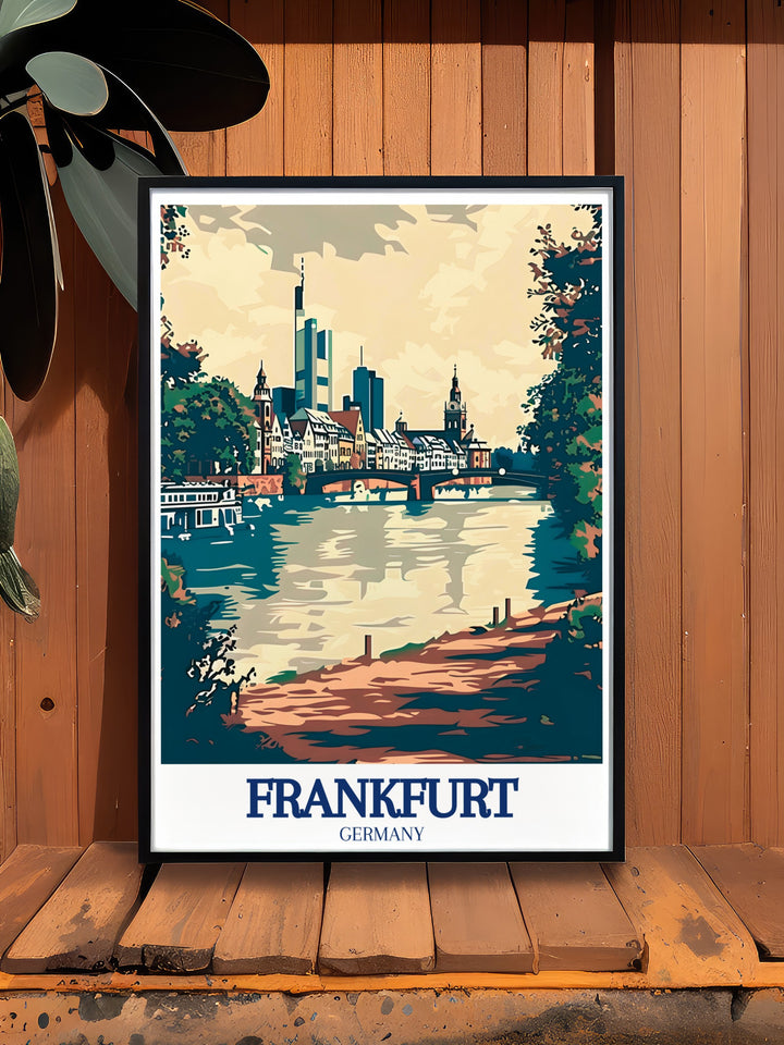 The serene waters of the River Main are beautifully captured in this Germany wall art, with the Eiserner Steg providing a striking focal point. The artwork reflects Frankfurts unique character, blending historical landmarks with modern elements. Ideal for those who appreciate serene landscapes and cultural depth, this print is a perfect addition to any decor.