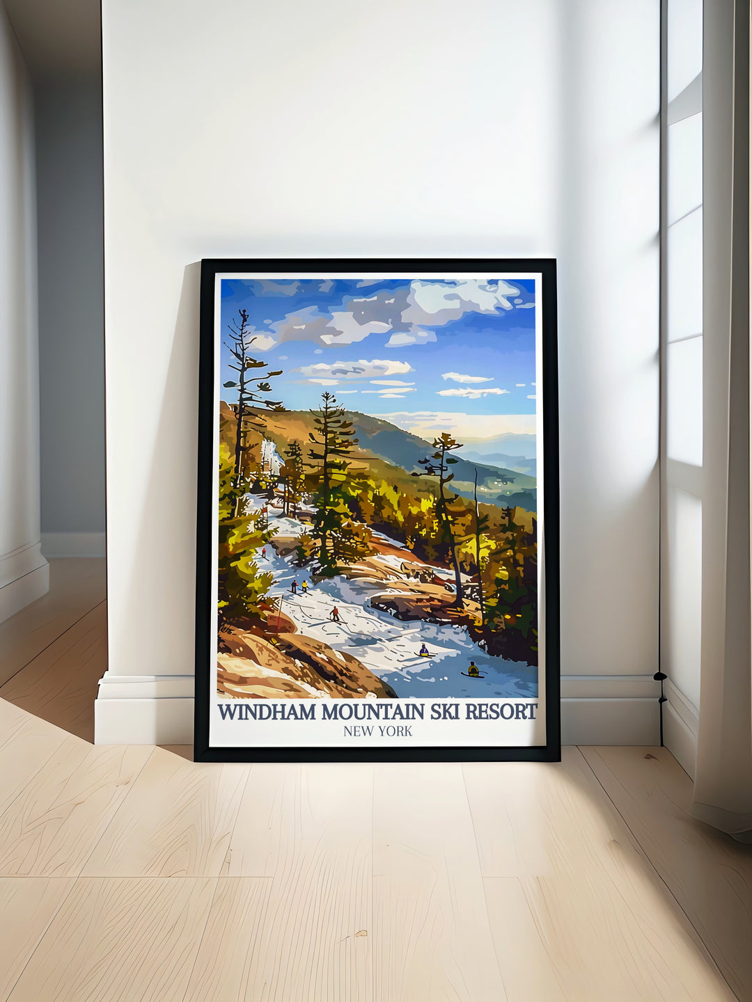 Windham, Catskill Mountains framed print featuring a stunning view of Windham Ski Resort with a vintage ski poster design perfect for adding New York skiing charm to your living room decor and creating the ultimate USA travel art display