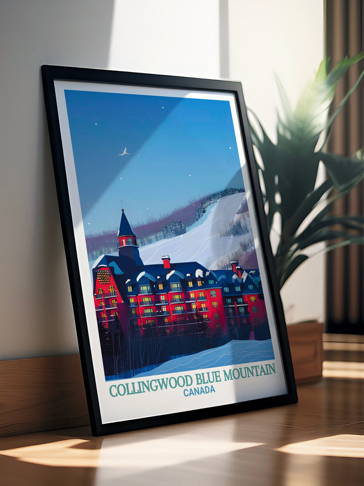 Collingwood Poster Print showcases the beautiful Blue Mountain Resort in Ontario, Canada. This travel print highlights the stunning landscape of the area, perfect for nature lovers and outdoor enthusiasts looking to bring a touch of Canadian wilderness into their home.