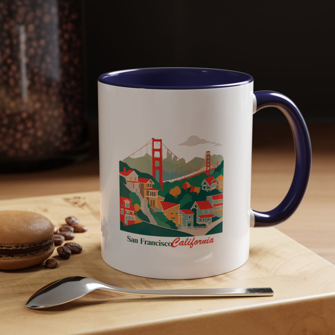 Enjoy your favorite beverage in this San Francisco mug featuring artistic depictions of famous sights like cable cars and historic architecture. Durable and dishwasher-safe, perfect for coffee or tea lovers seeking a touch of city elegance. A meaningful gift for travelers and art enthusiasts.