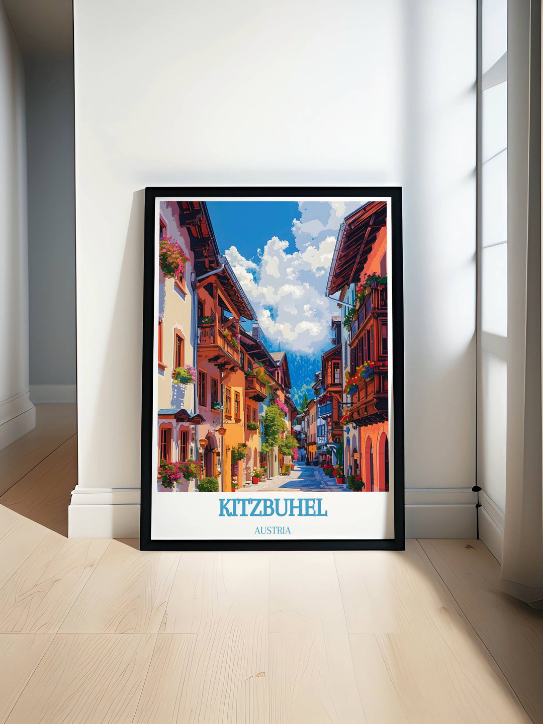 Kitzbuhel Poster featuring the Hahnenkamm Ski Race and the beautiful Kitzbuhel old town a perfect addition to your home decor for skiing enthusiasts and lovers of alpine scenery