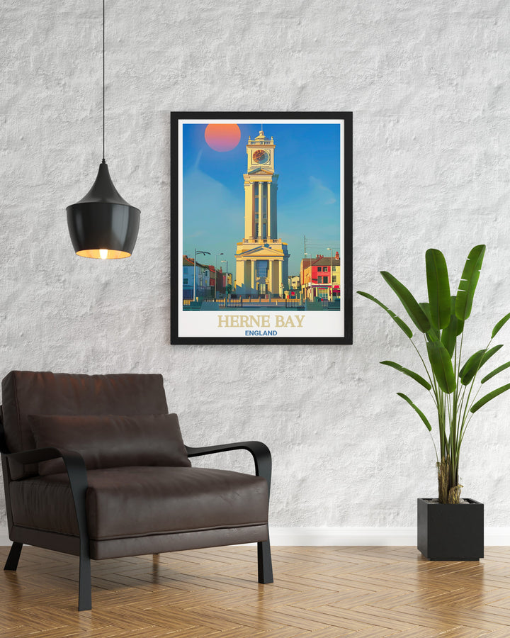 This Herne Bay poster print showcases the historic Herne Bay Clock Tower, a prominent seaside landmark in Kent. Perfect for lovers of British coastal towns, this travel print captures the beauty of this historic structure and the charm of the Kent coast.