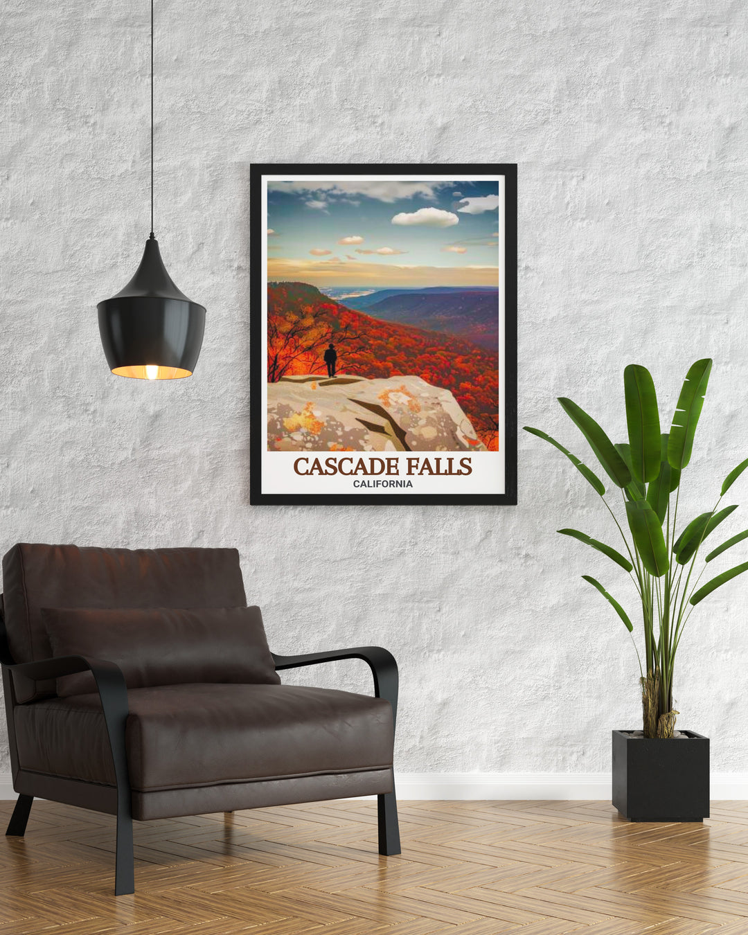 Transform your living room with a Cascade Falls poster print that showcases the tranquil beauty of California paired with Barneys Wall stunning living room decor perfect for creating a serene and stylish atmosphere in your home.