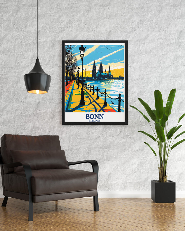 This Rhine River print offers a tranquil view of one of Europes most iconic rivers as it flows through Bonn. The serene landscape combined with the historical significance of the Rhine makes this artwork a perfect choice for lovers of nature and history