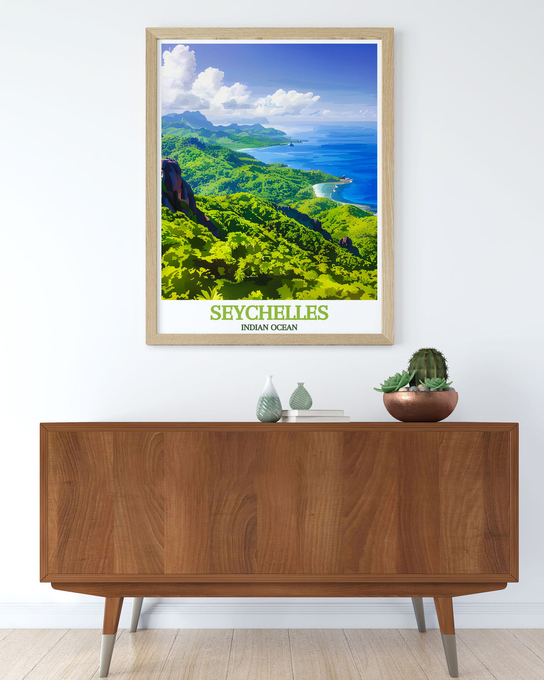 Vallée de Mai is beautifully illustrated in this poster, highlighting the dense foliage and towering palm trees, making it a stunning addition for those who dream of tropical escapes.