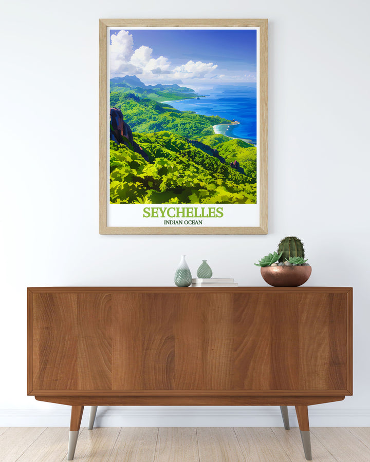 Featuring the vibrant tropical forest of Vallée de Mai in the Seychelles, this Indian Ocean Travel Print offers a beautiful representation of one of the worlds most unique ecosystems. The rich greens and majestic palm trees make this a stunning addition to any home, office, or gallery.