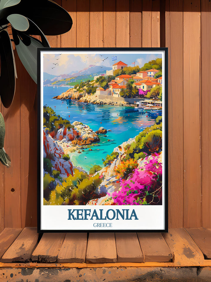 This Kefalonia travel print is a tribute to the stunning landscapes of the Ionian Islands, featuring Assos Village with its Venetian fortress and clear blue waters.