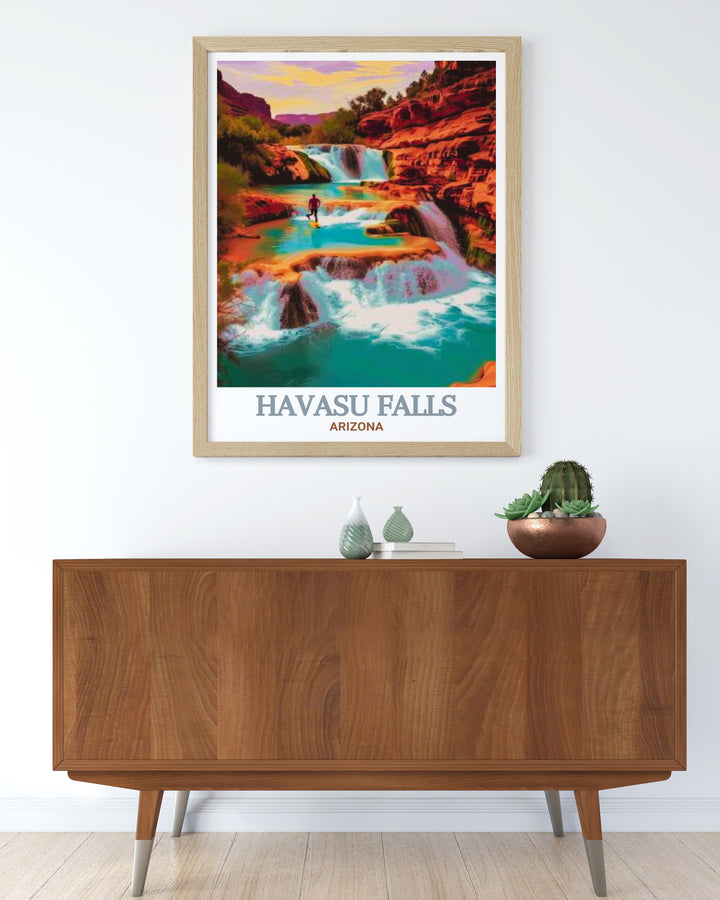 Bring the majesty of Havasu Falls into your home with this Arizona travel poster, featuring the stunning cascade of blue green waters against a backdrop of red rock cliffs. A must have for any nature enthusiast.