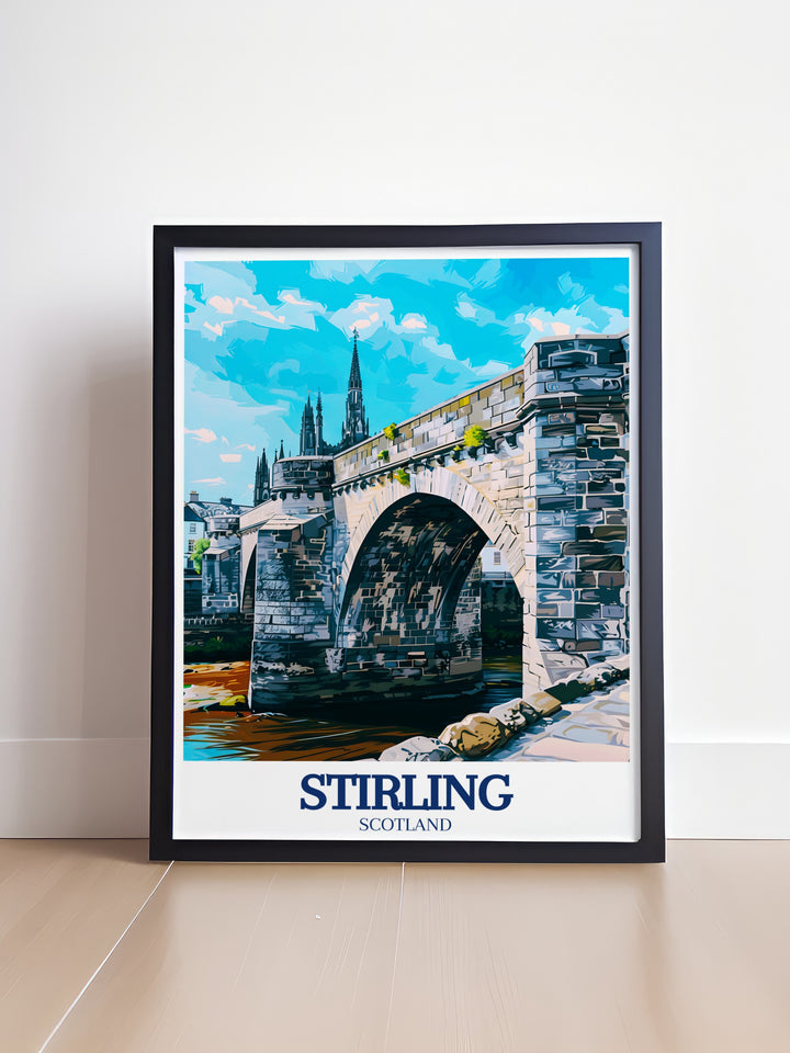 Our Stirling travel print captures the essence of Scotlands historical legacy, featuring iconic landmarks such as Stirling Castle, Stirling Bridge, and Abbey Craig. This beautiful artwork brings Scotlands rich heritage to life, making it the perfect piece for lovers of history and Scottish culture.