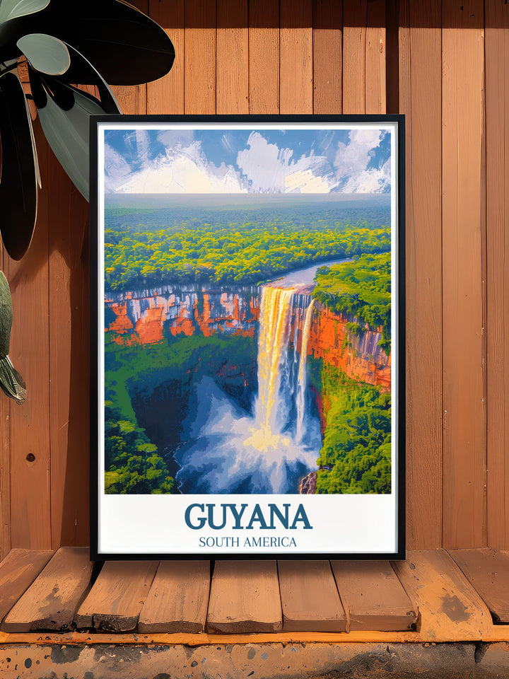 This Kaieteur Travel Poster offers a window into the untouched Amazon Basin, with a focus on the majestic Kaieteur Falls. Its perfect for anyone looking to add a sense of natural wonder to their living space.