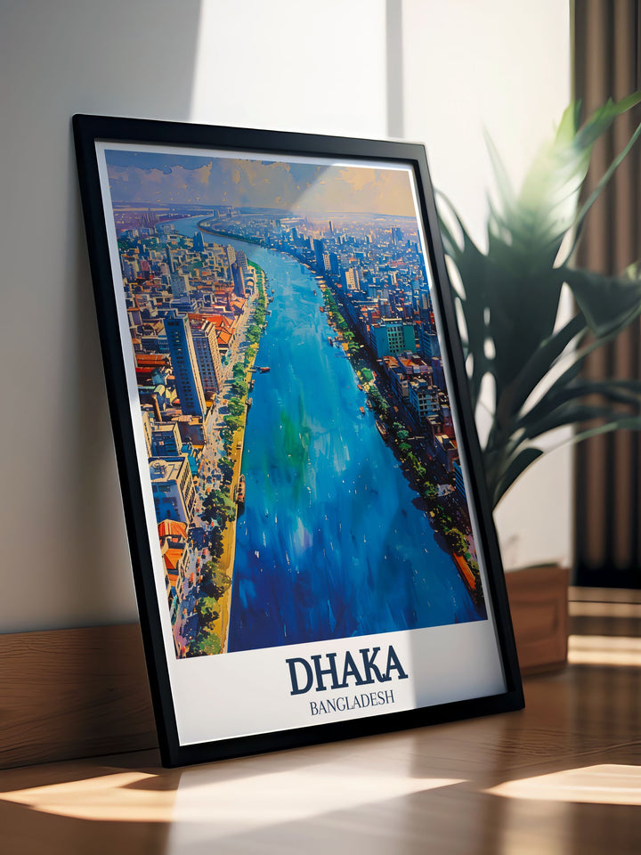 Elegant Buriganga river Dhaka fine line print featuring detailed street maps and colorful designs ideal for home decor and thoughtful gifts for any occasion.