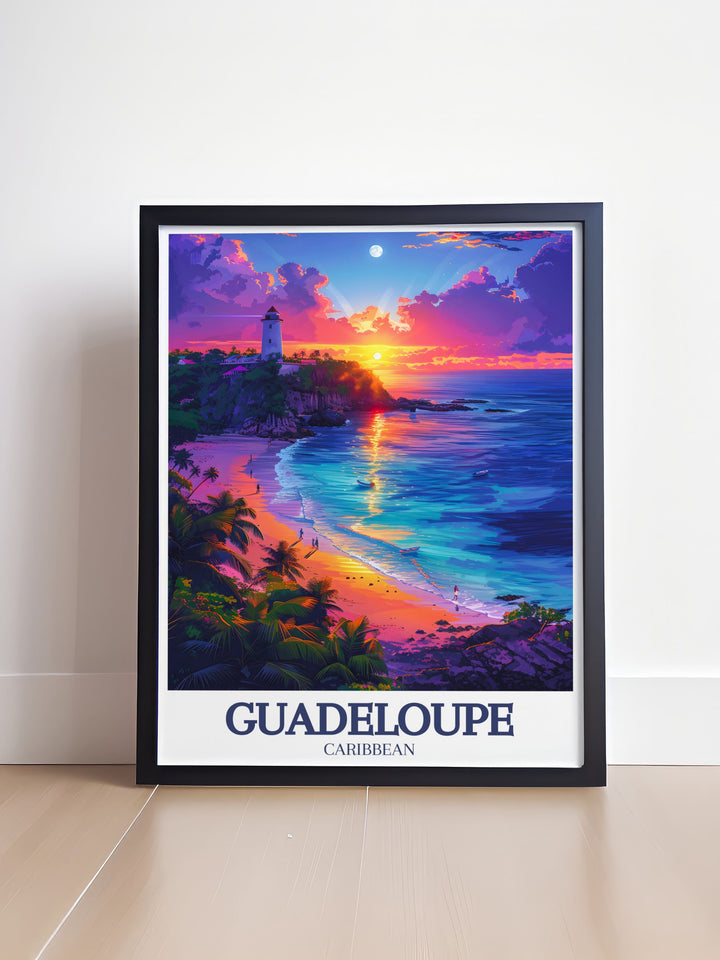 Showcasing the historical landmarks of Guadeloupe, this travel poster celebrates the islands rich cultural heritage. Perfect for those who love history and travel, this artwork offers a glimpse into the fascinating past of the Caribbean.