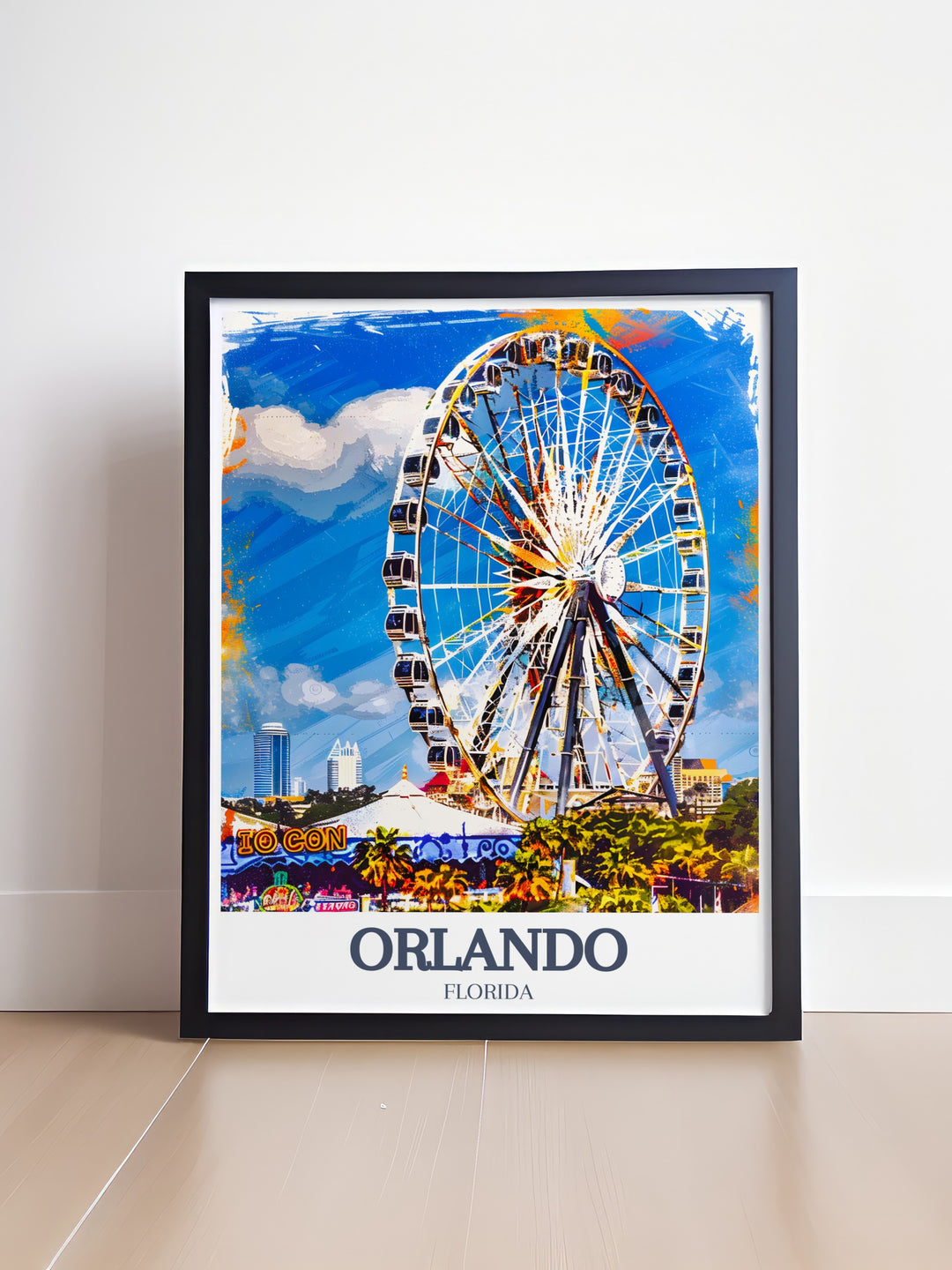 Orlando poster print featuring the dynamic combination of ICON Park and the Orlando Eye, two of the citys most famous landmarks. The sleek and modern design captures the spirit of Floridas adventure, making it a perfect addition to your travel inspired décor or a personalized gift for loved ones.