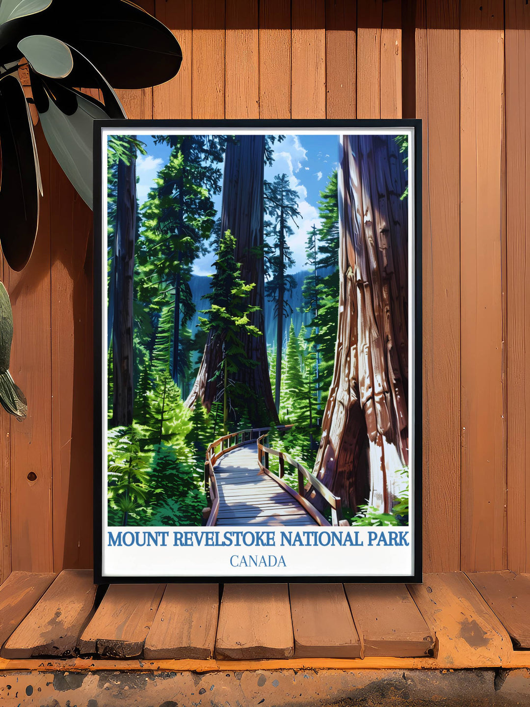 Discover the charm of Giant Cedars Boardwalk Trail with this Canadian wall art. Featuring classic retro travel poster aesthetics, this print showcases the majestic Rocky Mountains and is ideal for home decor lovers and adventure enthusiasts.