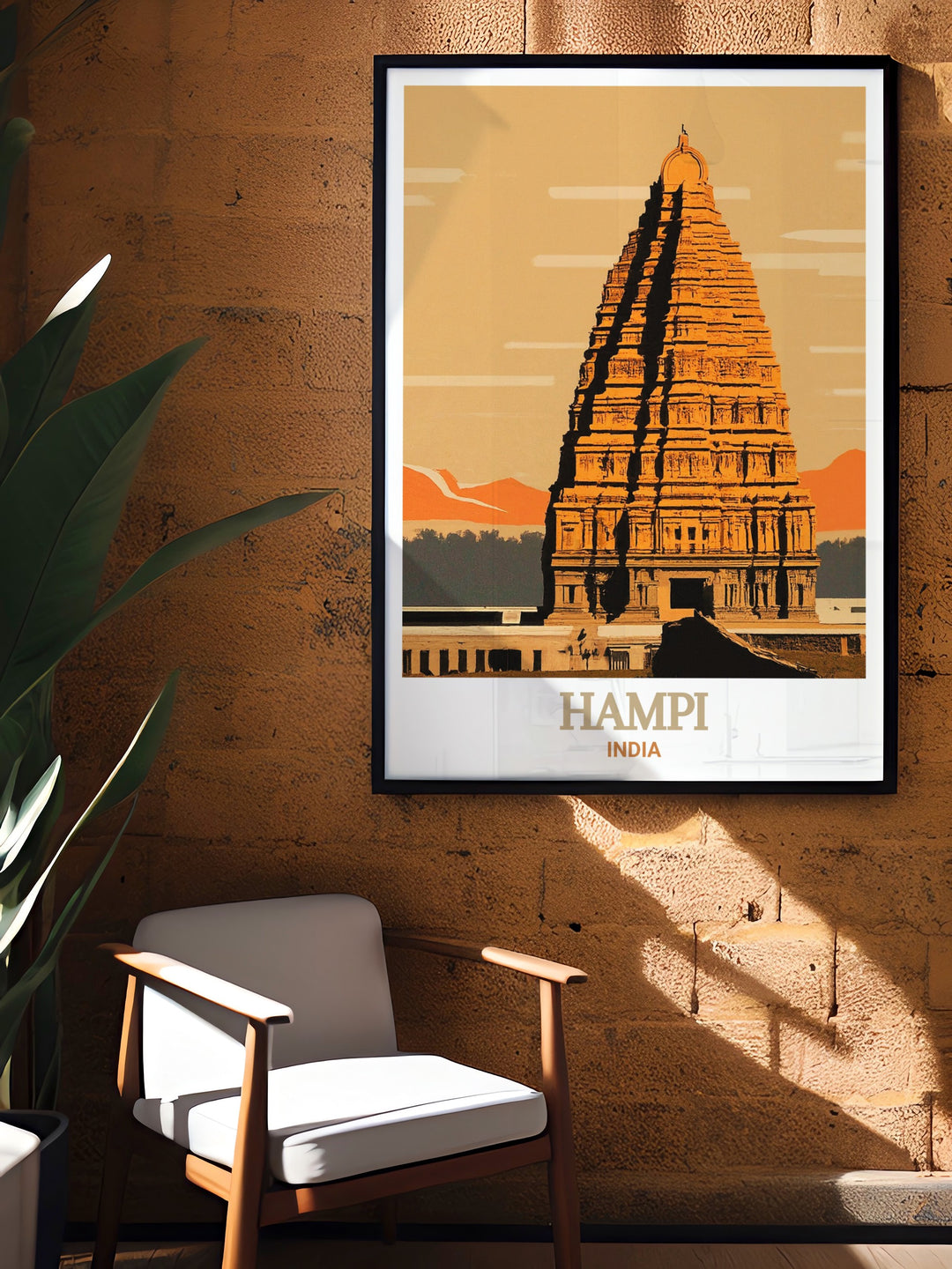 Hampi wall art featuring the captivating architecture of Virupaksha Temple. The detailed depiction of the temples intricate carvings and vibrant colors make this print a beautiful addition to any home decor, celebrating the historical charm of Hampi.