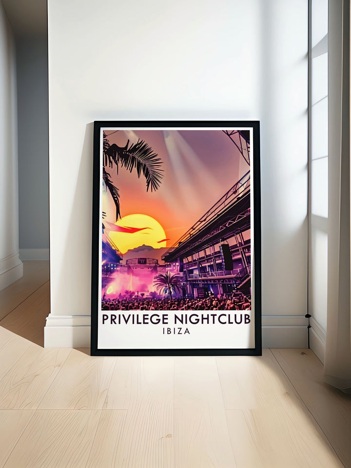 Stage Ibiza travel print featuring vibrant colors and dynamic scenes from iconic Ibiza nightclubs including Privilege and Pacha ideal for modern home decor and unique gifts for friends