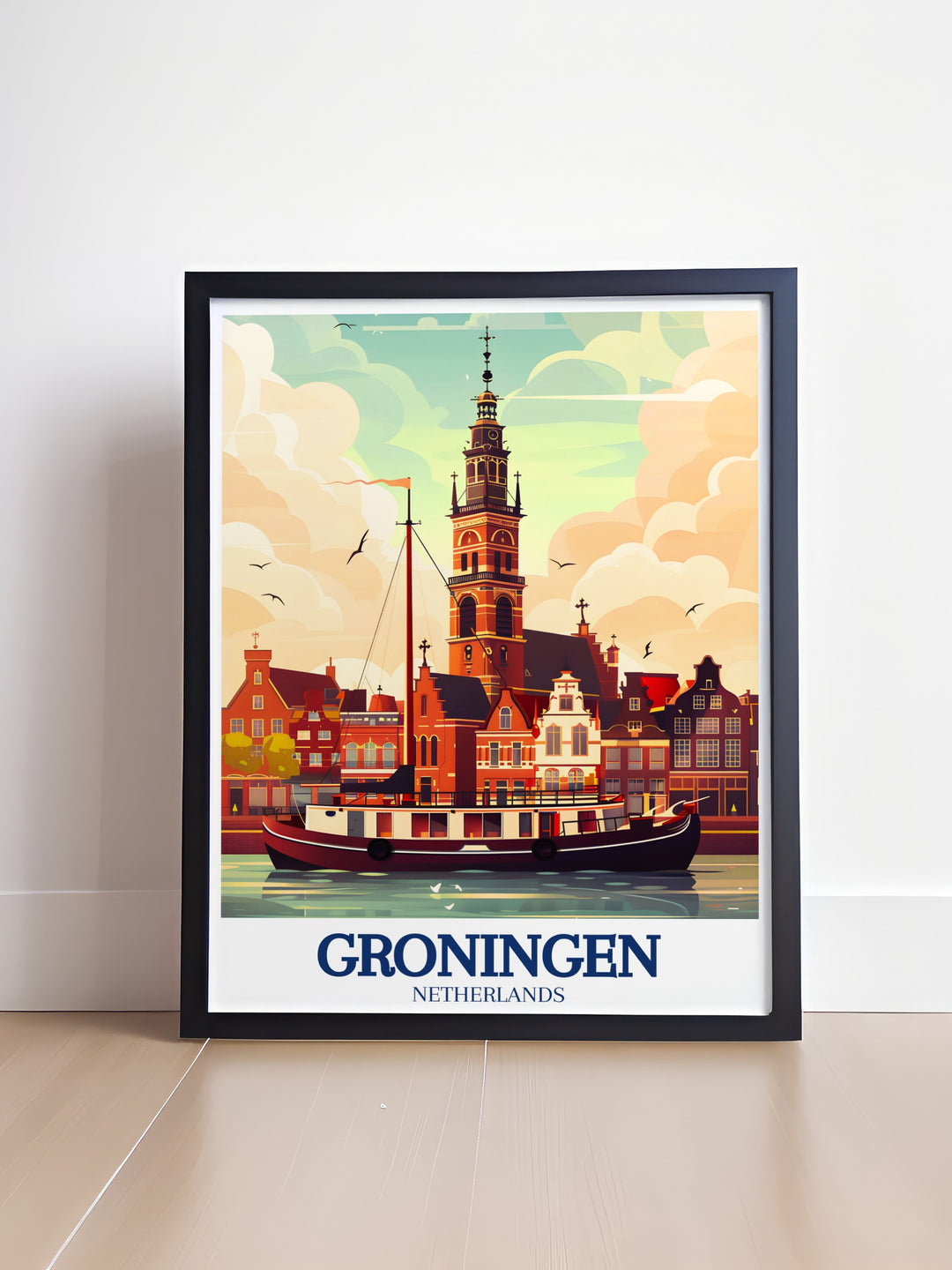 A stunning Groningen poster featuring the Aa Church and the peaceful Groningen canal, bringing the rich cultural heritage of the Netherlands into your home. The detailed artwork is perfect for creating a focal point in any room, celebrating the charm of Dutch cities.