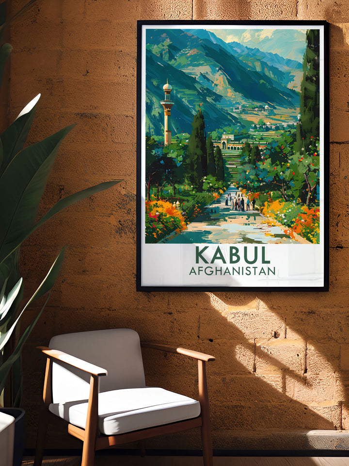 This colorful art print of Baburs Garden captures the essence of Kabuls rich cultural heritage. The serene garden setting and historic structures make it an ideal addition to your collection of travel prints.
