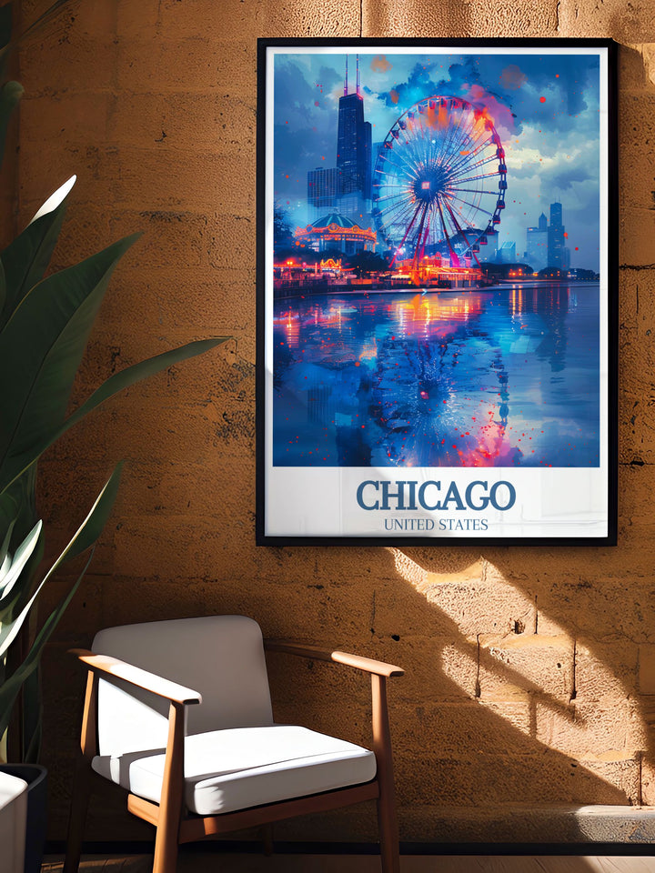Featuring the towering structure of the Centennial Wheel, this travel poster captures the essence of Chicagos fun and excitement. The detailed illustration showcases the urban beauty and cultural richness of Navy Pier, making it a perfect addition to any wall art collection.