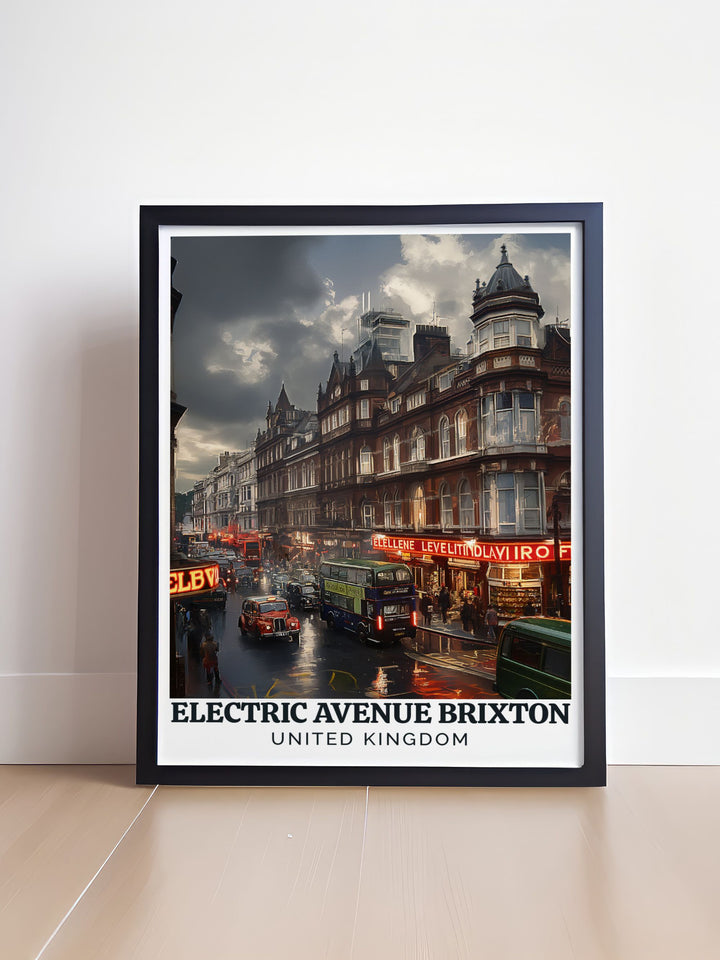 This travel poster captures the vibrant energy of Electric Avenue in Brixton, highlighting its historic significance and lively atmosphere, perfect for enhancing your home decor.