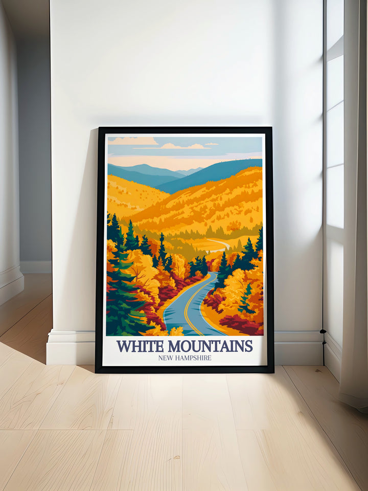 White Mountains Poster Print brings the beauty of New Hampshires White Mountains into your home, featuring the iconic Kancamagus Highway and Crawford Notch State Park. This print is ideal for anyone who loves the outdoors and wants to capture the stunning scenery of the Northeast.