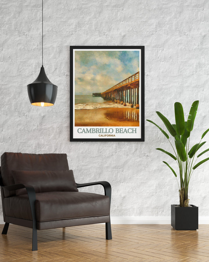 Bring the calm of Cambrillo Beach Pier into your home with this stunning California print. The artwork showcases the piers timeless beauty offering a perfect addition to any living room or office decor. Perfect for those who admire Californias coastal charm.