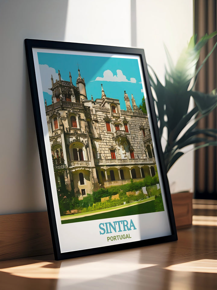 Featuring the intricate architecture and lush gardens of Quinta da Regaleira in Sintra, Portugal, this travel print is a beautiful addition to any home décor. The vibrant colors and detailed design make it a must have for art and travel enthusiasts.