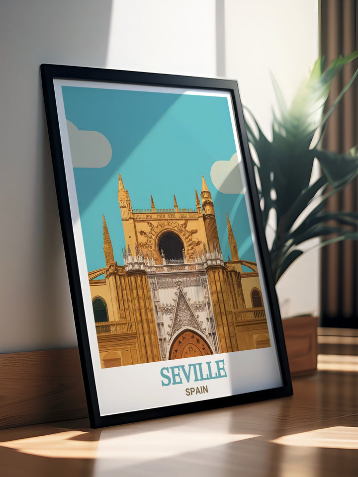 This Spain Travel Print captures the majesty of Seville Cathedral, reflecting its cultural significance and architectural beauty. The ideal artwork for those who admire Spains iconic landmarks or want to bring a touch of Seville into their home.