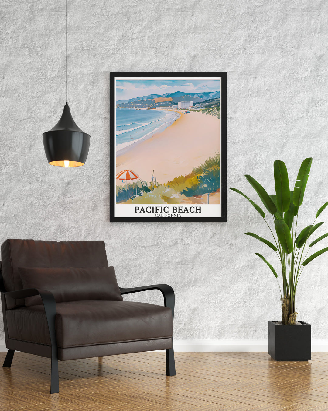 Highlighting the best of Pacific Beach, this travel print features the famous Pacific Hotels and boardwalk. A must have for lovers of Californias beaches, it brings the sun, sand, and surf of San Diego right into your home.