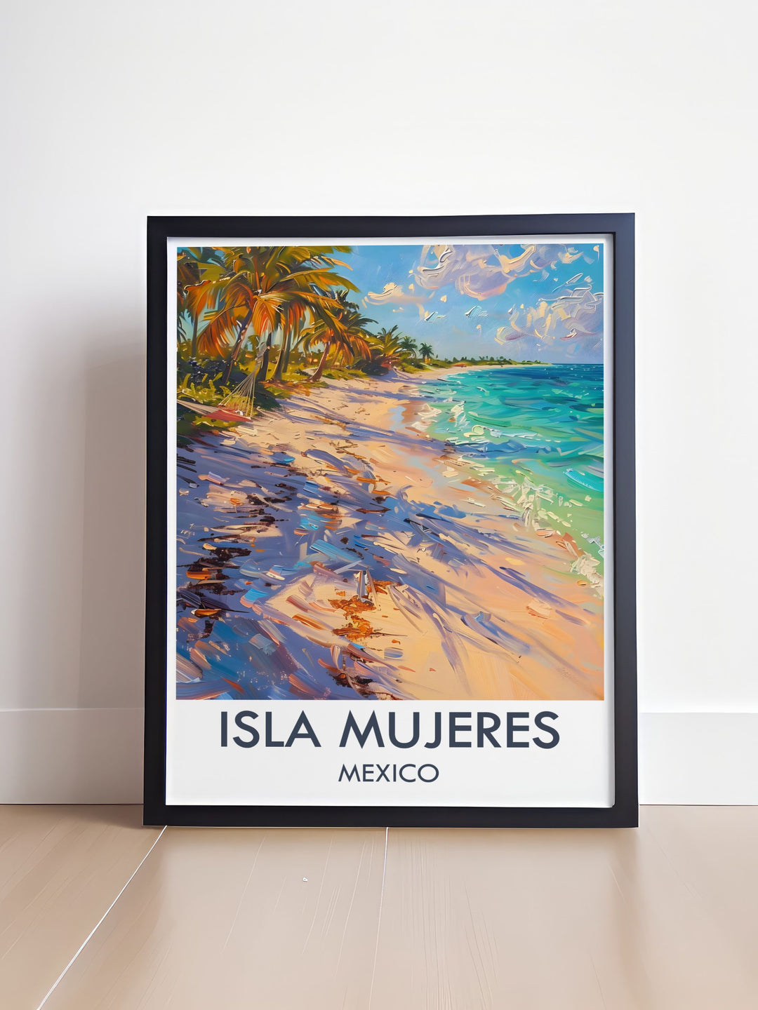 Vintage poster of Isla Mujeres, showcasing the islands rich cultural heritage and natural beauty, with a focus on its picturesque beaches and clear blue skies.