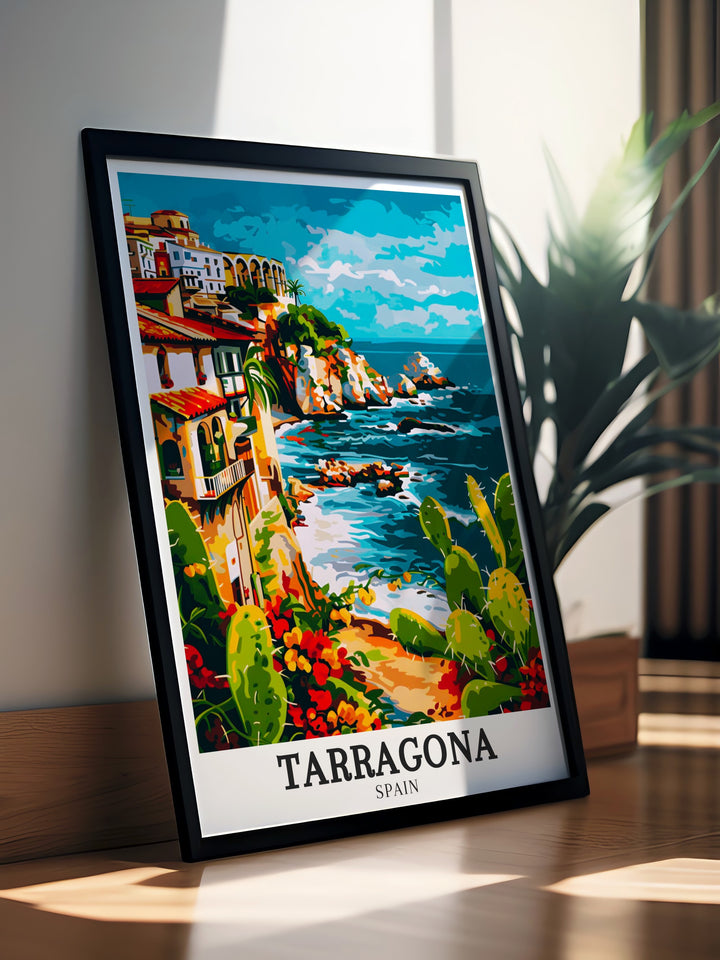 Spain wall art showcasing Tarragona Mediterranean Catalonia scenery with detailed design capturing the unique blend of ancient and modern elements. Great for gifts or personal collections.