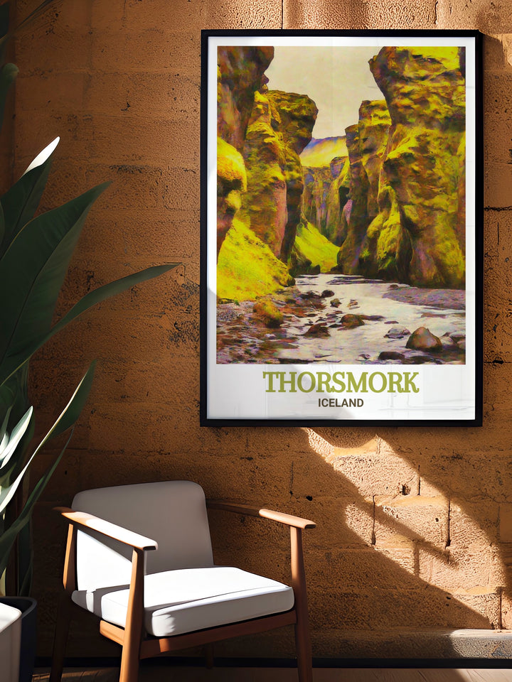 A breathtaking view of Thorsmork and the hidden Stakkholtsgjá Canyon, this print is perfect for those who appreciate the power and beauty of Icelands natural wonders.