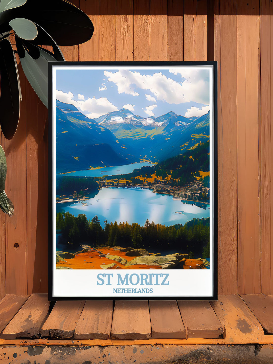 This travel poster captures the essence of St Moritz, renowned for its luxury and winter sports excellence, and the tranquil beauty of the Engadin Valley.