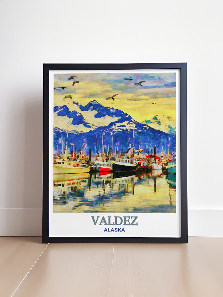 This framed art of Valdez Harbor celebrates the untouched beauty of Alaskas coastline. The prints crisp details and soft colors transport you to the tranquil waters of the harbor, making it a timeless piece for any home or office.