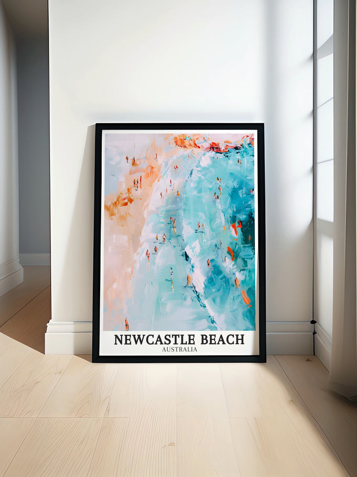 Merewether Beach Travel Poster captures the excitement of Australias famous surf beach. The prints vibrant colors and detailed composition bring the energy of the waves to life, making it an excellent choice for surf enthusiasts. This poster adds a dynamic element to any space, celebrating the thrill of the ocean.