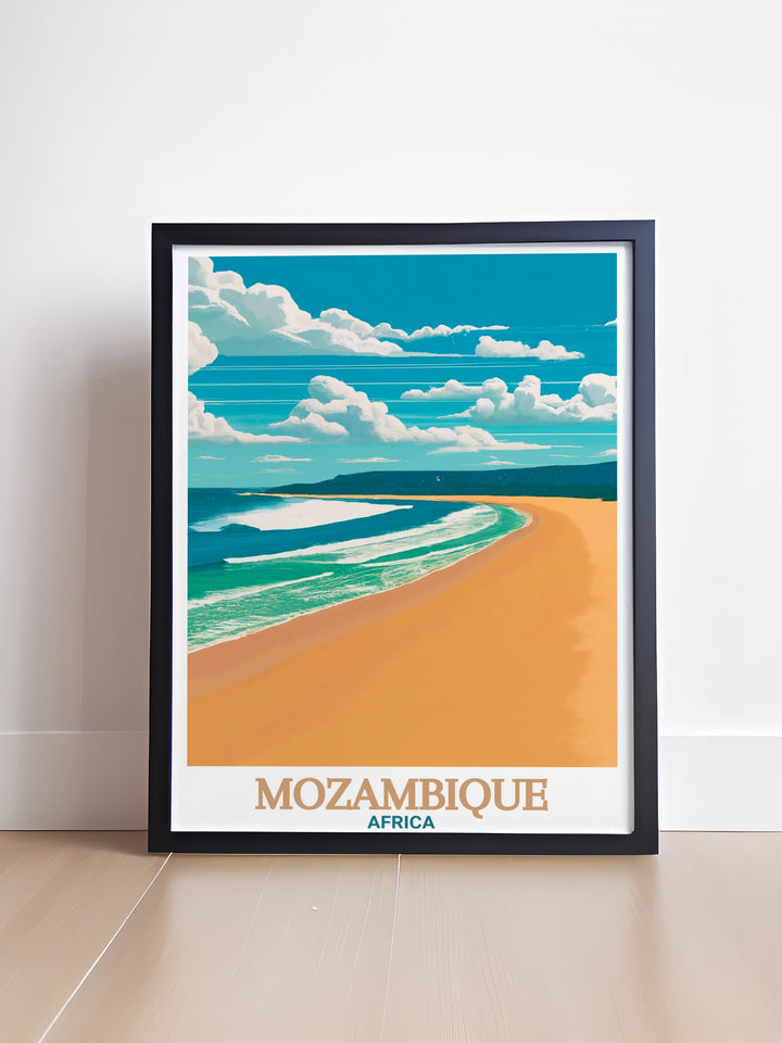 Mozambique Travel Poster featuring the stunning Tofo Beach, a perfect gift for beach lovers and adventure seekers. The artwork depicts the pristine sands and turquoise waters of Mozambiques coastline, bringing the charm of Africas beach destinations into your living space.