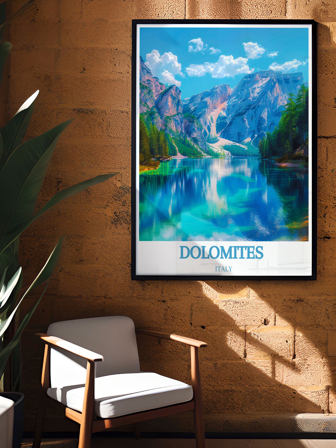 Travel poster featuring the scenic beauty of Lago di Braies, highlighting the crystal clear waters and towering peaks of Italys Dolomites.