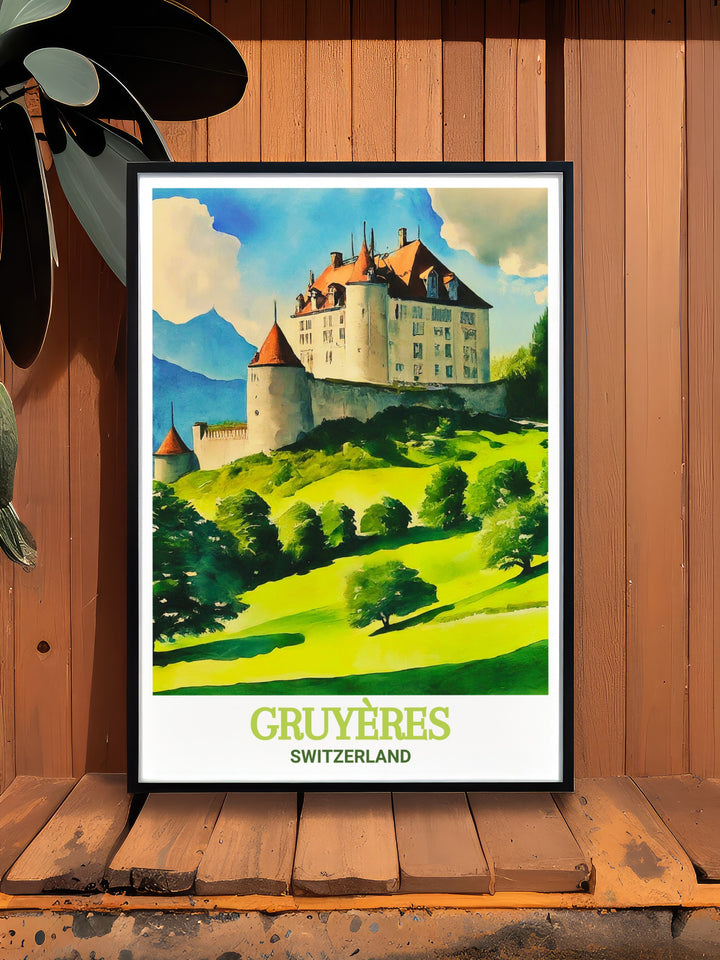 Gruyeres Castle art print celebrating the beauty of Switzerland with a detailed illustration of the iconic castle. A perfect addition to any travel art collection or home decor that reflects the charm of Gruyeres.